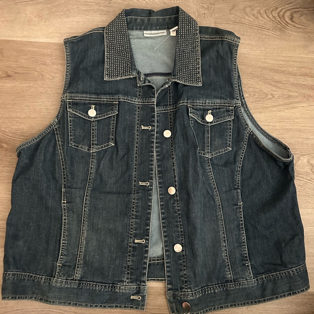 Chico's Platinum Denim Vest with Gem-Studded Collar